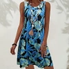Kadın Mavi Yaprak Baskılı Askılı Süprem Elbise