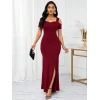 Kadın Omuzlardan Açık Askılı Yırtmaç Detaylı Uzun Ithal Krep Elbise