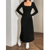 Kadın Uzun Kollu Kare Yaka Midi Kaşkorse Elbise