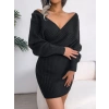 Kadın Uzun Kollu Kruvaze Geniş Yakalı Mini Triko Elbise