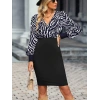 Kadın Uzun Kollu Kruvaze Yakalı Zebra Desenli Kısa Krep Elbise
