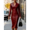 Kadın Uzun Kollu V Yakalı Deri Midi Elbise