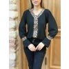 Kadın Uzun Kollu V Yakalı Leopar Detaylı Krep Bluz