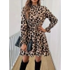 Kadın Uzun Kollu Yarı Balıkçı Yaka Leopar Desenli Modal Mini Elbise