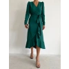 Kadın Yeşil Krep Kumaş Midi Boy Kuşaklı Uzunkol Elbise