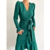 Kadın Yeşil Krep Kumaş Midi Boy Kuşaklı Uzunkol Elbise