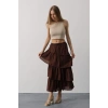 Katlı Kesim Uzun Etek - Kahve
