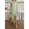 KETEN ÖNDEN DÜĞMELİ KOLSUZ GÖMLEK YAKA ELBİSE - Mint
