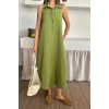 KETEN ÖNDEN DÜĞMELİ KOLSUZ GÖMLEK YAKA ELBİSE - Yağ Yeşili