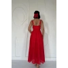 Kırmızı Askılı Aparatlı Brode Elbise