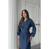 Mavi Tencel Uzun Kollu Elbise