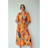 Oranj Çiçek Desenli Kemerli Elbise
