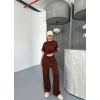 Osy Modal Yumuşak Dokulu Kumaş Kısa Kollu Bluz Rahat Pantalon Ikili Takım- Kahverengi