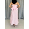 Pembe Beli Büzgülü İnci Askılı Uzun Elbise