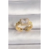 Pirinç Gold Renk Zincir Model Kare Zirkon Taşlı Kadın Yüzük