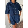 Taş Detaylı Gömlek Şort Denim Takım 10175