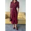 TENCEL ÖNDEN DÜĞMELİ KISA KOL ELBİSE - Bordo