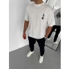 Unisex Bisiklet Yaka Baskılı Oversize T-Shirt - Beyaz