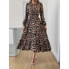 Uzun Kollu Bisiklet Yaka Leopar Desenli Midi Süprem Elbise