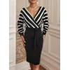Uzun Kollu Kruvaze Yaka çizgi Desenli Kısa Triko Elbise