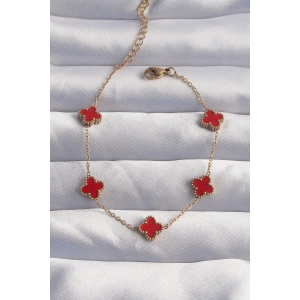 316L Çelik Baby Boy Gold Renk Kırmızı Mineli Yonca Bileklik