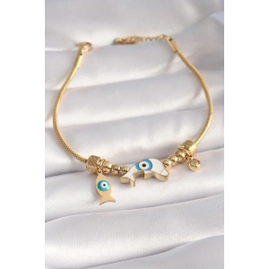 316L Çelik Gold Renk Balık Figür Nazar Boncuk İşleme Kadın Bileklik