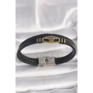 316L Çelik Gold Renk Gemi Dümen Figür Siyah Renk Çift Sıra Burgu Desenli Deri Kordon Erkek Bileklik
