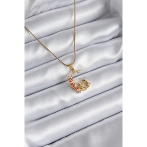 316L Çelik Gold Renk Hilal Kedi Model Zirkon Taşlı Detay Kadın Kolye