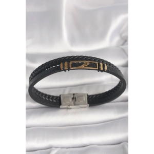316L Çelik Gold Renk Kanat Aksesuarlı Siyah Burgu Model Deri Kordon Erkek Bileklik
