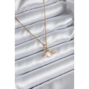 316L Çelik Gold Renk Kanatlı Kalp Model Zirkon Taşlı Kadın Kolye