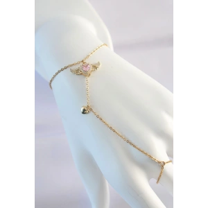 316L Çelik Gold Renk Pembe Zirkon Taşlı Kanatlı Kalp Model Şahmeran