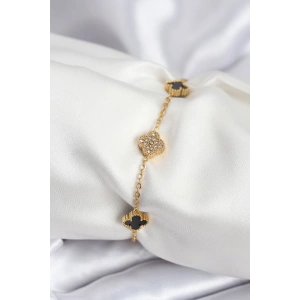 316L Çelik Gold Renk Siyah ve Zirkon Taşlı Baby Boy Yonca Kadın Bileklik