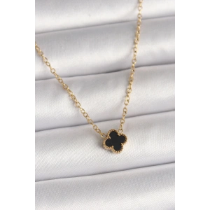 316L Çelik Gold Renk Siyah Yonca Model Kadın Kolye