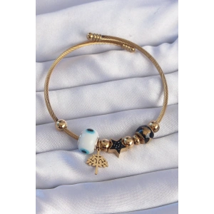 316L Çelik Gold Renk Siyah Zirkon Taşlı Yıldız Tasarımlı Ağaç Detay Nazarlı Charm Bileklik