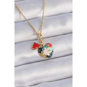 316L Çelik Gold Renk Yapboz Motif Kalp Figür Charm Model Kadın Kolye