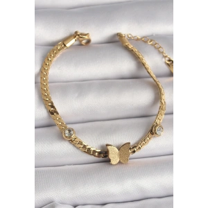 316L Çelik Gold Renk Yassı Zincir Zirkon Taşlı Simli Kelebek Figür Kadın Bileklik