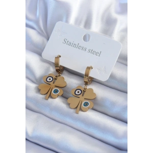 316L Çelik Gold Renk Yonca Model Nazar Boncuk Detay Kadın Küpe