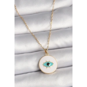 316L Çelik Gold Renk Zincir Beyaz Mineli Turkuaz Göz İşleme Model Kadın Kolye