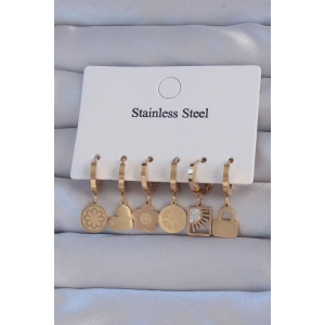 316L Çelik Gold Renk Zirkon Taşlı Çiçek Figürlü Kalp Model Halka Küpe Seti