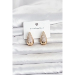 316L Çelik Gold Renk Zirkon Taşlı Damla Model Kadın Küpe