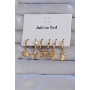 316L Çelik Gold Renk Zirkon Taşlı Hayvan Figürlü Deniz Yıldızı Model Halka Küpe Seti