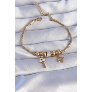 316L Çelik Gold Renk Zirkon Taşlı Yonca Detay Nazarlı Anahtar Tasarımlı Bileklik