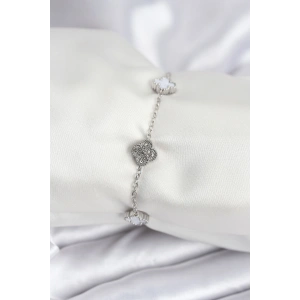 316L Çelik Gümüş Renk Beyaz ve Zirkon Taşlı Baby Boy Yonca Kadın Bileklik