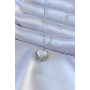 316L Çelik Gümüş Renk İncili Kalp Model Zirkon Taşlı Kadın Kolye