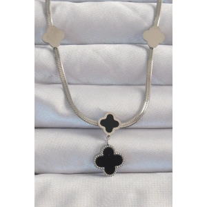 316L Çelik Gümüş Renk İtalyan Zincirli Mineli Yonca Kolye