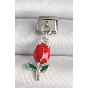 316L Çelik Gümüş Renk Kırmızı Gül Model Nomination Charm