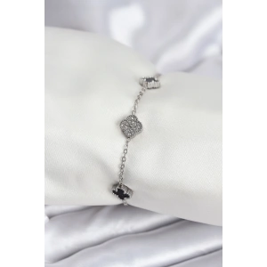 316L Çelik Gümüş Renk Siyah ve Zirkon Taşlı Baby Boy Yonca Kadın Bileklik