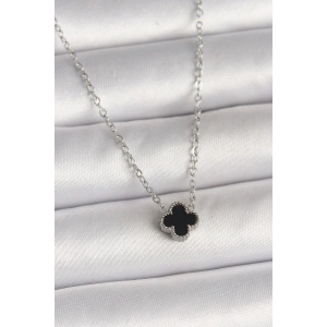 316L Çelik Gümüş Renk Siyah Yonca Model Kadın Kolye