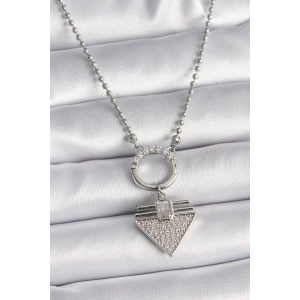 316L Çelik Gümüş Renk Topçuk Zincir Zirkon Taşlı Üçgen Model Kadın Kolye