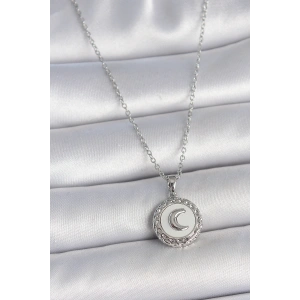 316L Çelik Gümüş Renk Zincir Beyaz Mineli Hilal İşlemeli Madalyon Model Kadın Kolye
